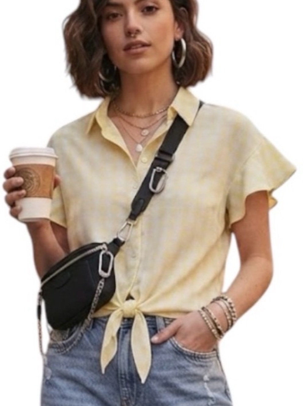 GEORGE Yellow Gingham Plaid Ruffle Tie Front Blouse Large